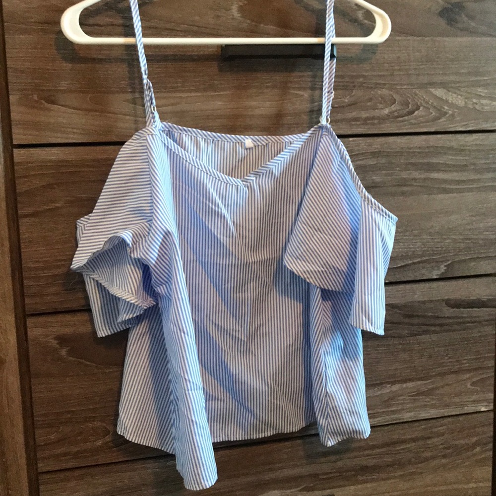 Blue striped off the shoulder tank
